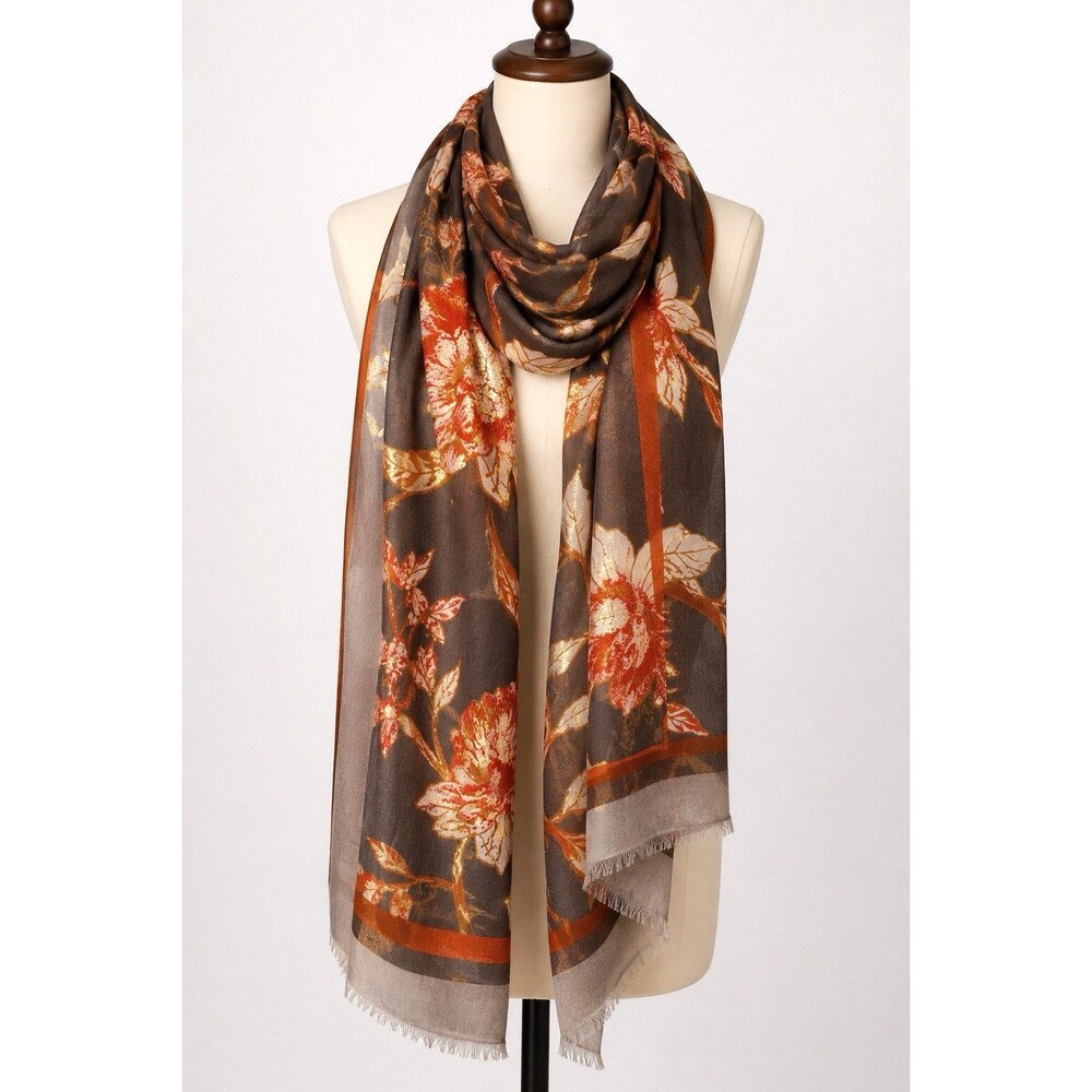 Y2K Metallic Gold Floral Oversized Shawl Scarf Wrap Fringed Cottagecore Romantic